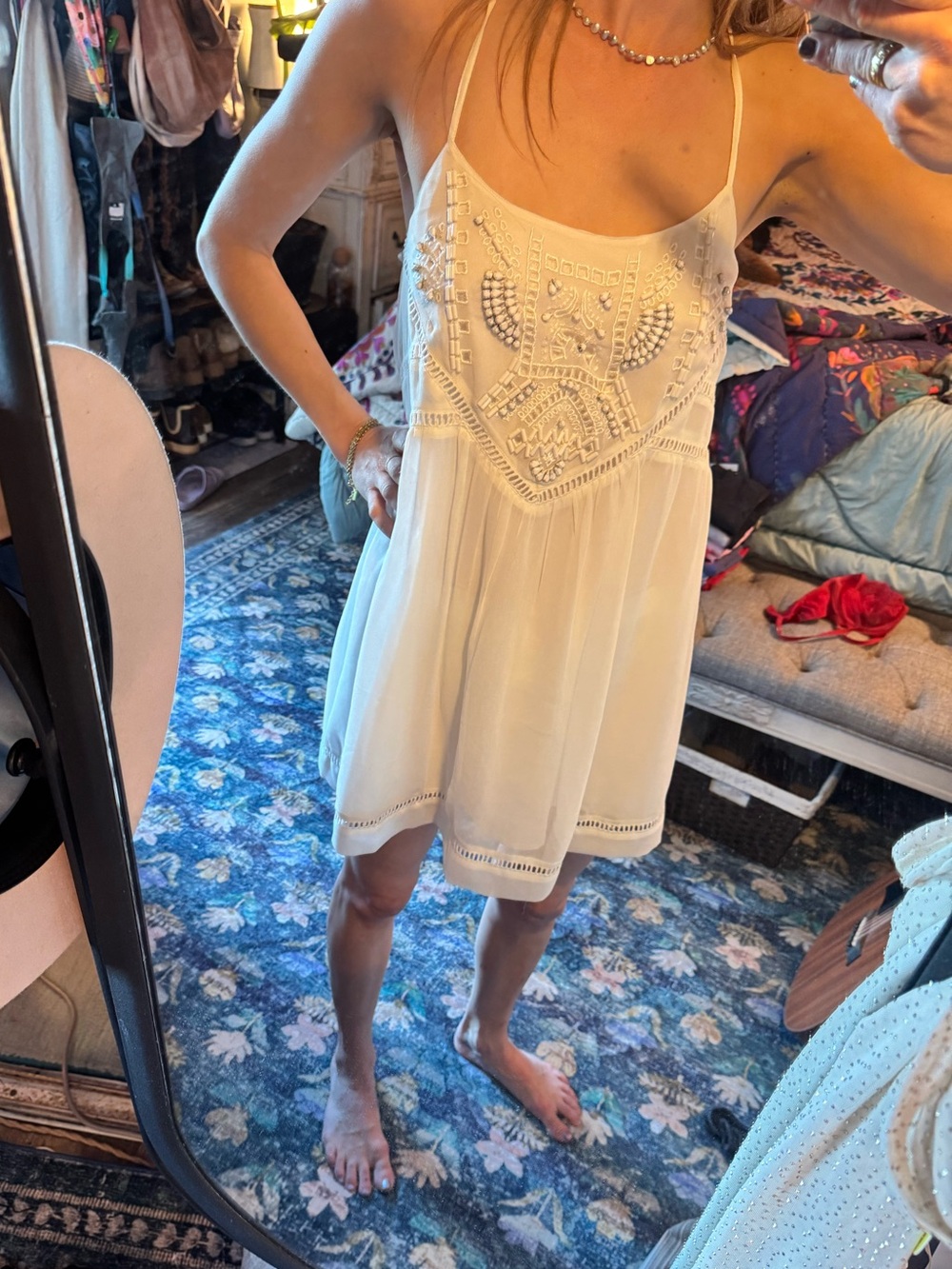 Lovers + Friends White Embroidered and Beaded Spaghetti-Strap Mini Dress